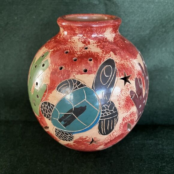 Pottery Turtle Butterfly Tropical Cut-Out Stars Votive/Battery Light Holder 5” - Picture 1 of 8